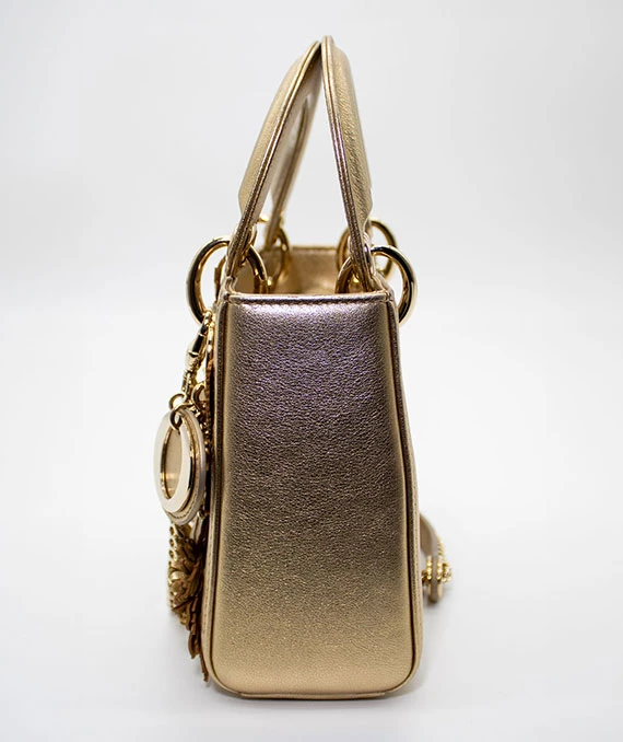 Christian Dior Gold Ultra Matte Lady Dior Flower Embroidered Lambskin Mini Bag