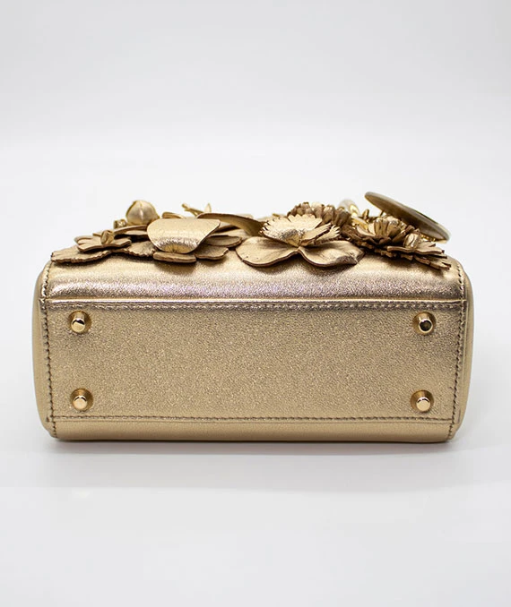 Christian Dior Gold Ultra Matte Lady Dior Flower Embroidered Lambskin Mini Bag