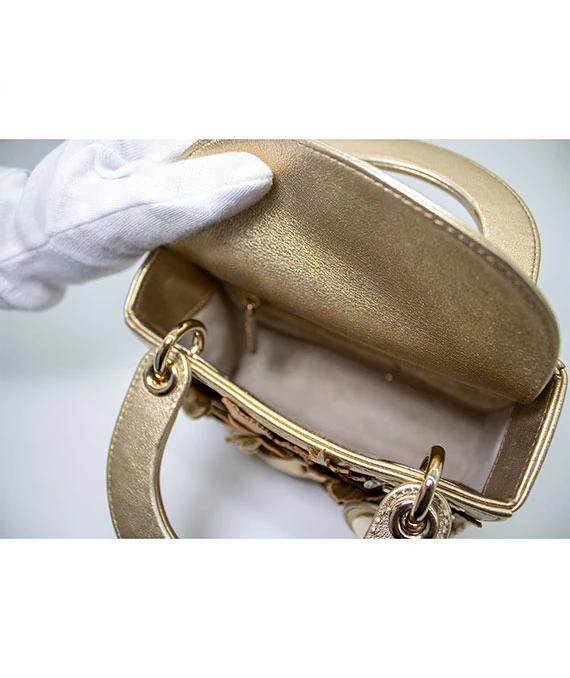 Christian Dior Gold Ultra Matte Lady Dior Flower Embroidered Lambskin Mini Bag