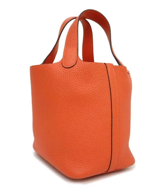 HERMES 2022 Picotan Lock 18 PM Clemence Leather Hand Bag in Feu Orange with Palladium Hardware