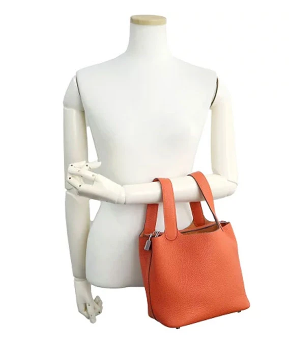 HERMES 2022 Picotan Lock 18 PM Clemence Leather Hand Bag in Feu Orange with Palladium Hardware