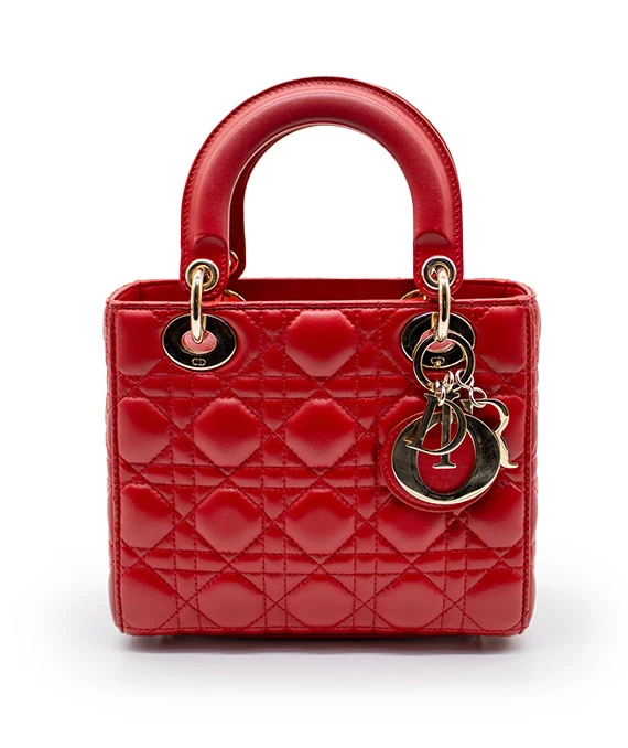 Christian Dior Red Color Small Lady Dior Lambskin Leather Satchel Bag