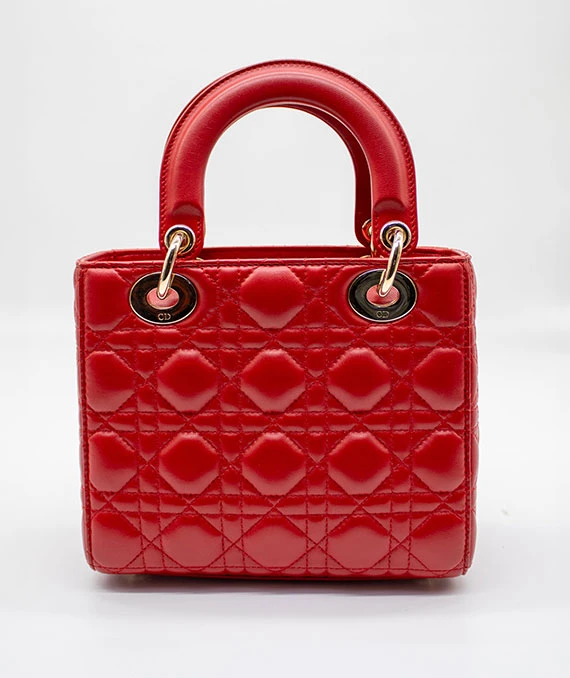 Christian Dior Red Color Small Lady Dior Lambskin Leather Satchel Bag
