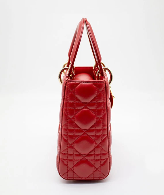 Christian Dior Red Color Small Lady Dior Lambskin Leather Satchel Bag