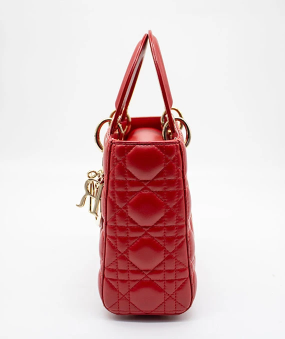 Christian Dior Red Color Small Lady Dior Lambskin Leather Satchel Bag