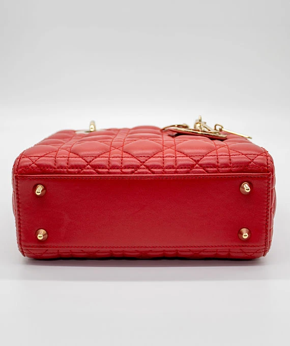 Christian Dior Red Color Small Lady Dior Lambskin Leather Satchel Bag