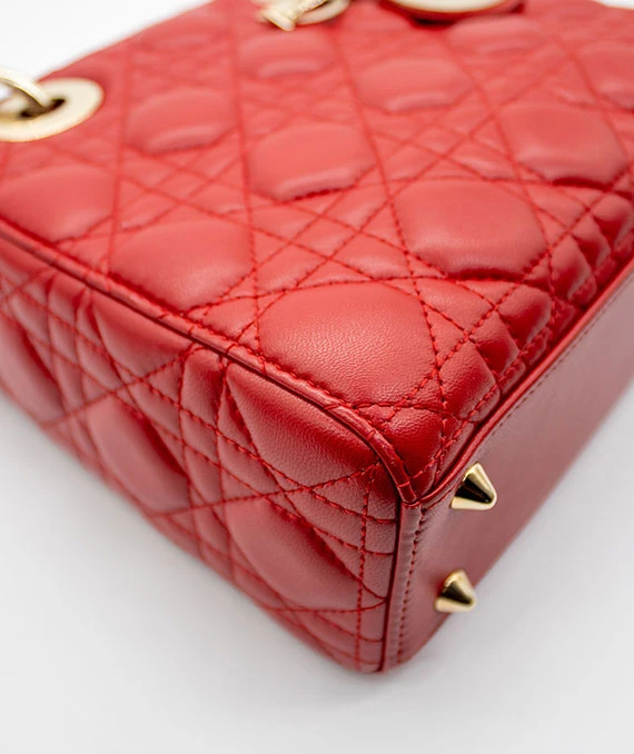 Christian Dior Red Color Small Lady Dior Lambskin Leather Satchel Bag