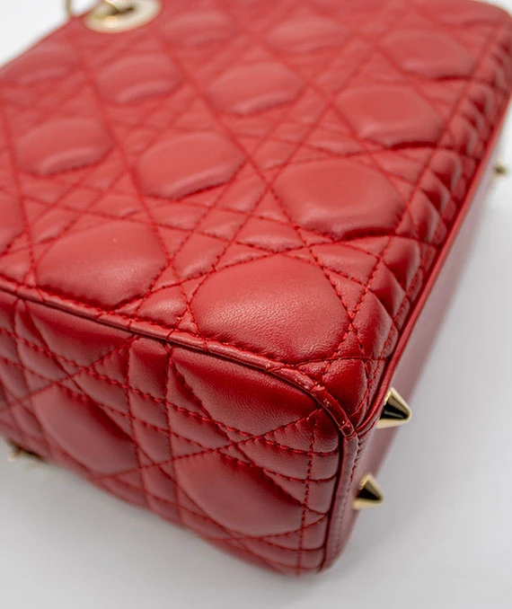 Christian Dior Red Color Small Lady Dior Lambskin Leather Satchel Bag