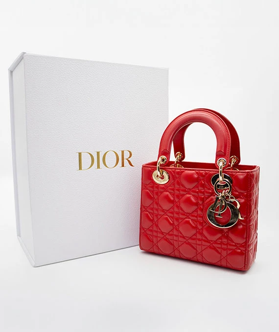 Christian Dior Red Color Small Lady Dior Lambskin Leather Satchel Bag