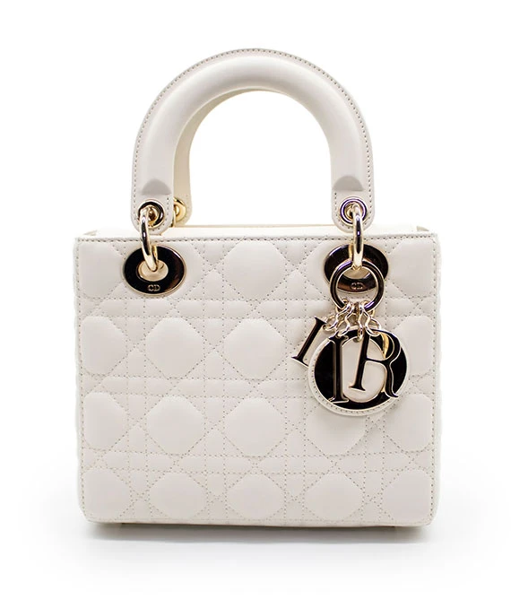 Christian Dior White Color Small Lady Dior Lambskin Leather Satchel Bag