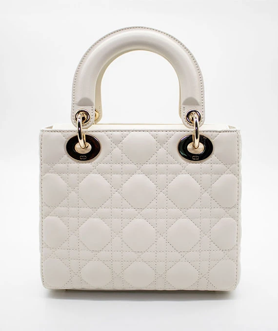 Christian Dior White Color Small Lady Dior Lambskin Leather Satchel Bag