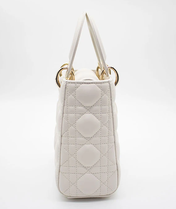 Christian Dior White Color Small Lady Dior Lambskin Leather Satchel Bag