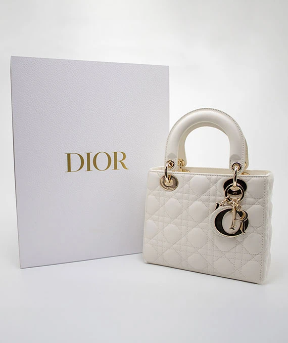 Christian Dior White Color Small Lady Dior Lambskin Leather Satchel Bag