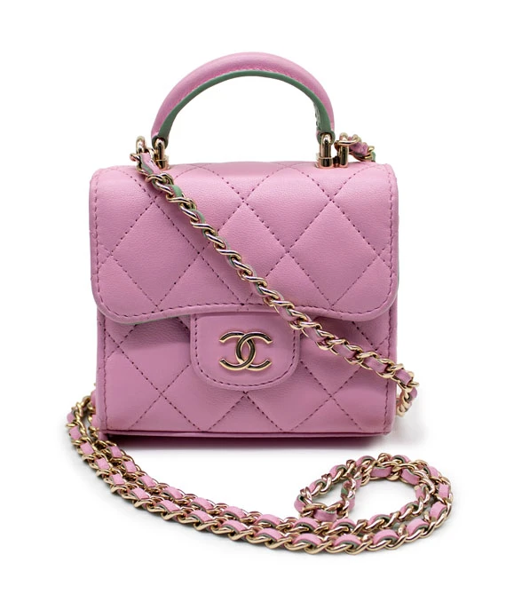 Chanel Pink & Green Lambskin Mini Matresse Top Handle Bag with Gold Hardware