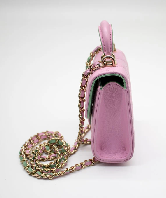 Chanel Pink & Green Lambskin Mini Matresse Top Handle Bag with Gold Hardware
