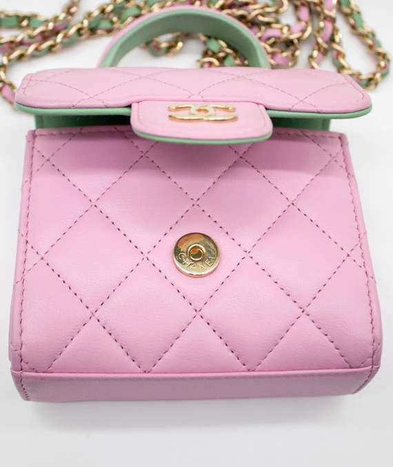 Chanel Pink & Green Lambskin Mini Matresse Top Handle Bag with Gold Hardware