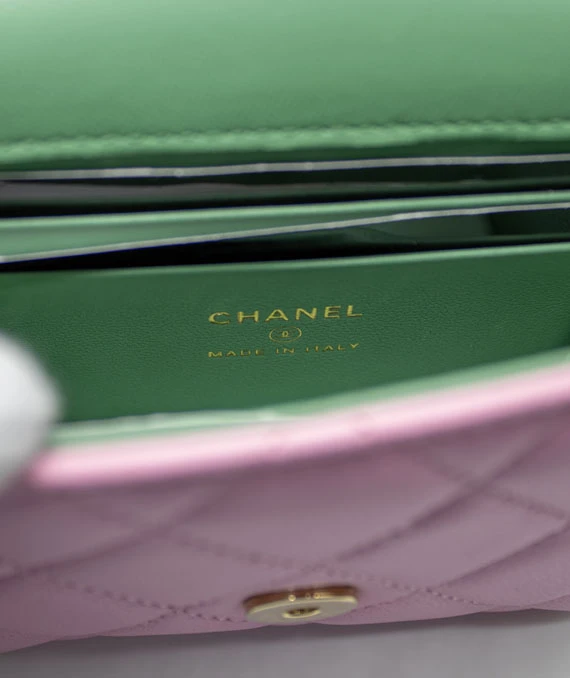 Chanel Pink & Green Lambskin Mini Matresse Top Handle Bag with Gold Hardware