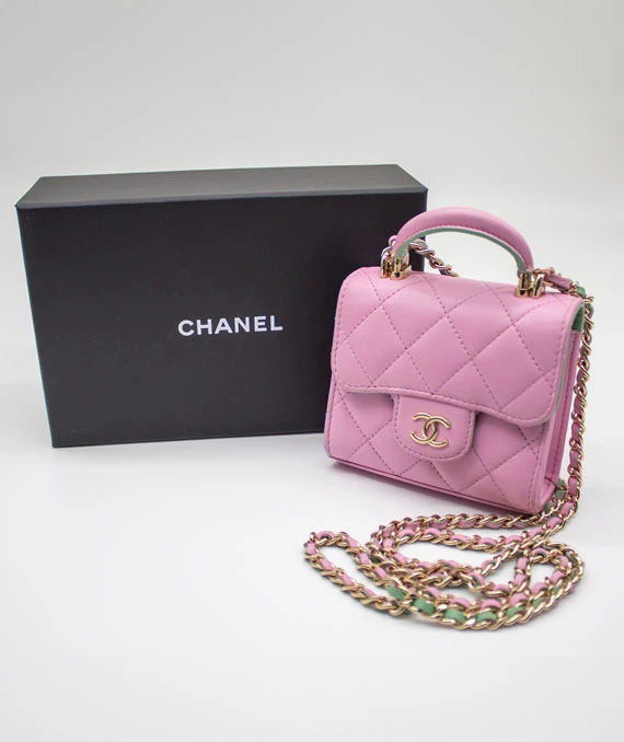 Chanel Pink & Green Lambskin Mini Matresse Top Handle Bag with Gold Hardware