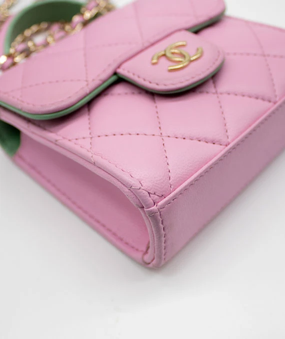 Chanel Pink & Green Lambskin Mini Matresse Top Handle Bag with Gold Hardware