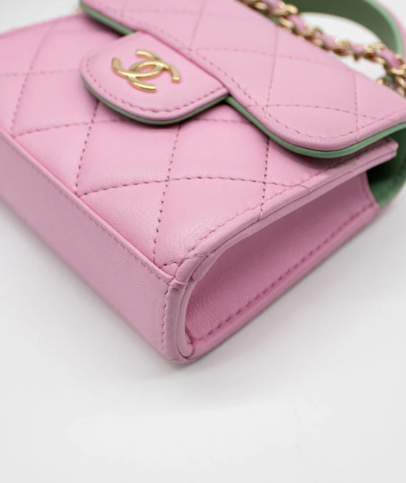 Chanel Pink & Green Lambskin Mini Matresse Top Handle Bag with Gold Hardware