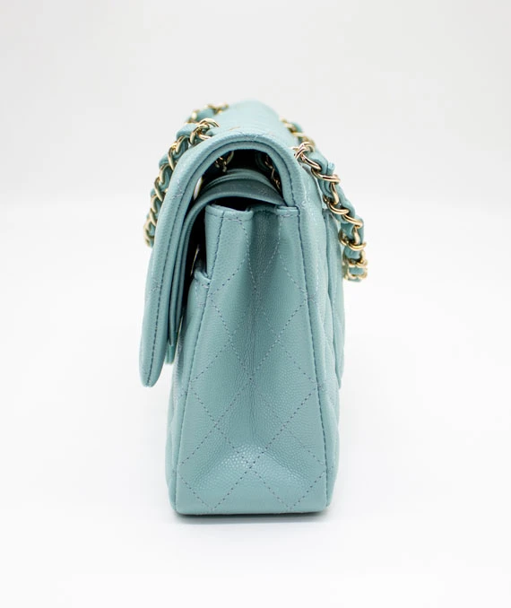 Chanel Size 25 Medium Classic Double Flap Tiffany Blue Caviar Leather Handbag with Gold Hardware