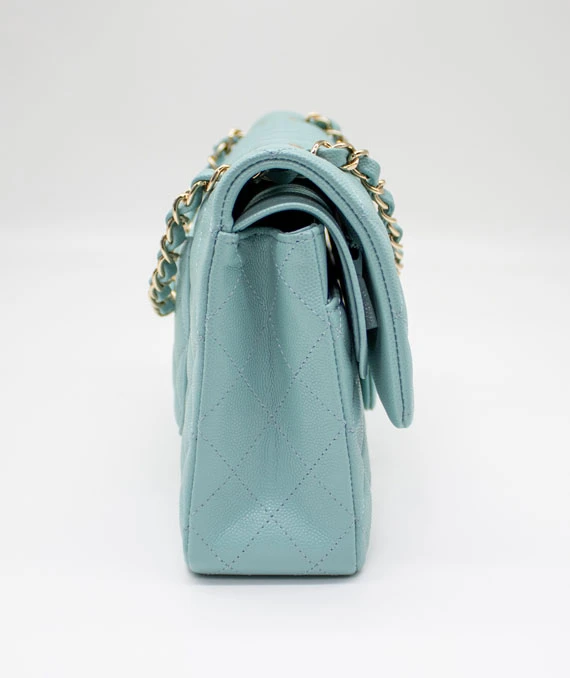 Chanel Size 25 Medium Classic Double Flap Tiffany Blue Caviar Leather Handbag with Gold Hardware