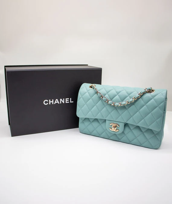 Chanel Size 25 Medium Classic Double Flap Tiffany Blue Caviar Leather Handbag with Gold Hardware