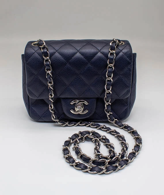 Chanel Classic Navy Blue Caviar Mini Bag with Silver Hardware