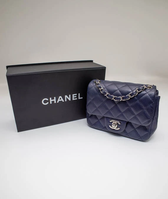 Chanel Classic Navy Blue Caviar Mini Bag with Silver Hardware