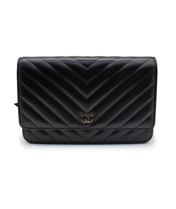 Chanel Black Chevron Wallet on Chain in Lambskin Leather with Gold hardware