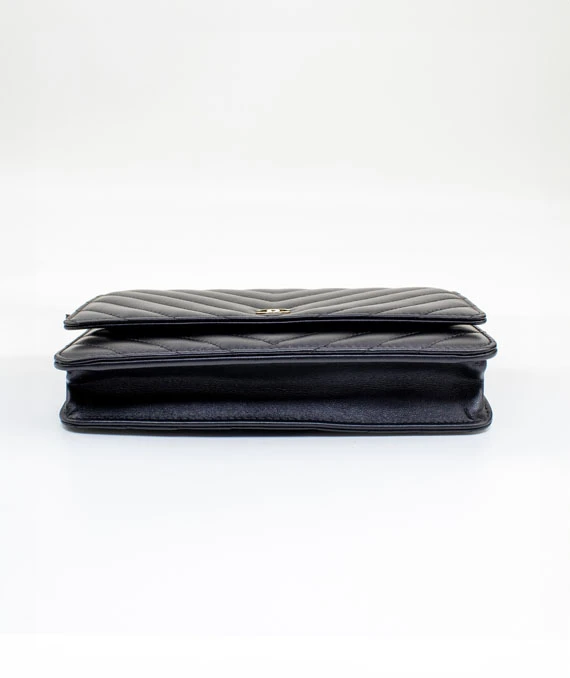 Chanel Black Chevron Wallet on Chain in Lambskin Leather with Gold hardware