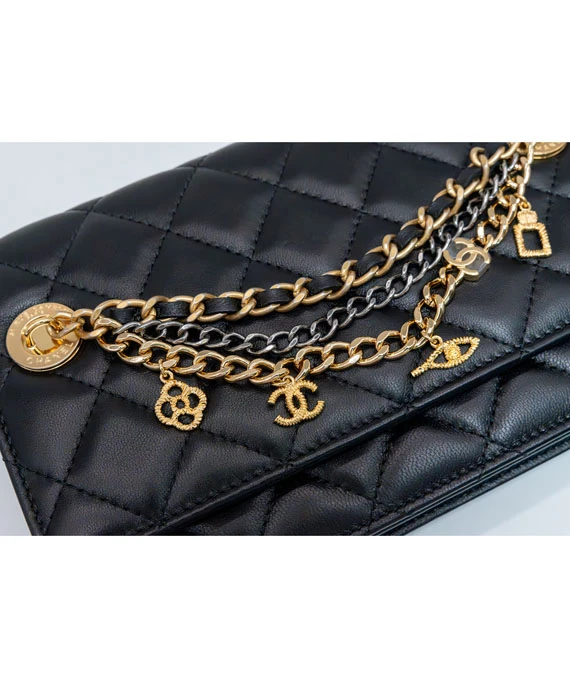 Chanel Black Lambskin Quilted Egyptian Amulet Wallet On Chain