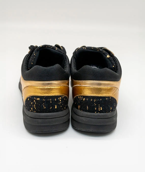 CHANEL Size 37.5 Satin Lambskin Fabric Tweed CC Sneakers in Gold and Black