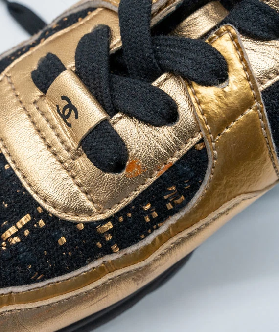 CHANEL Size 37.5 Satin Lambskin Fabric Tweed CC Sneakers in Gold and Black