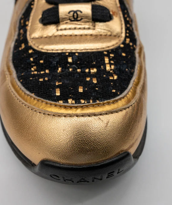 CHANEL Size 37.5 Satin Lambskin Fabric Tweed CC Sneakers in Gold and Black