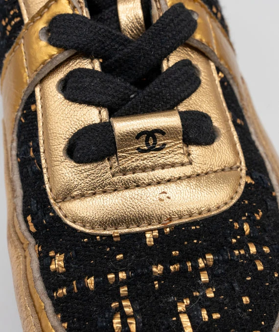 CHANEL Size 37.5 Satin Lambskin Fabric Tweed CC Sneakers in Gold and Black