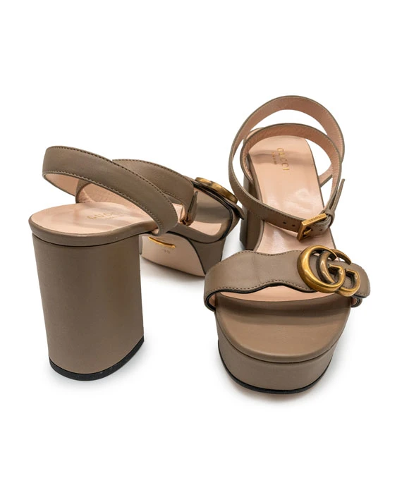 GUCCI Size 38 Calfskin GG Marmont Ankle Wrap Platform Sandals in Mud Color