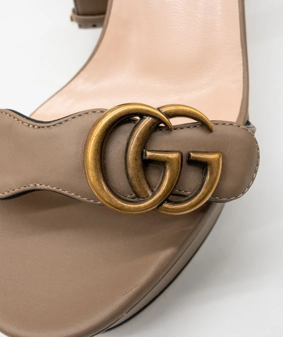 GUCCI Size 38 Calfskin GG Marmont Ankle Wrap Platform Sandals in Mud Color