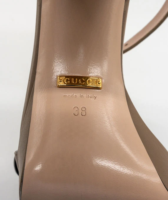 GUCCI Size 38 Calfskin GG Marmont Ankle Wrap Platform Sandals in Mud Color