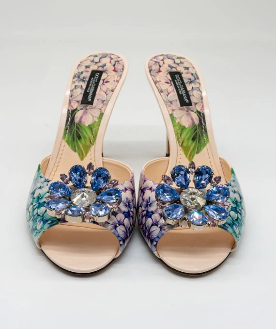 Dolce & Gabbana Size 38 Multicolor Patent Crystal Embellished Flower Slide Sandals
