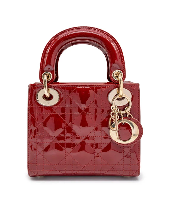 Christian Dior Cherry Red Color Mini Lady Dior Patent Cannage Calfskin Bag