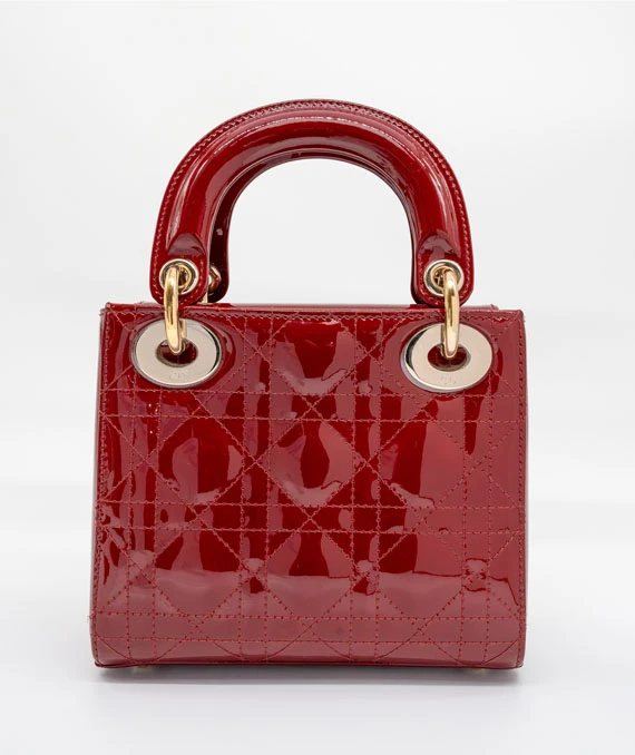 Christian Dior Cherry Red Color Mini Lady Dior Patent Cannage Calfskin Bag