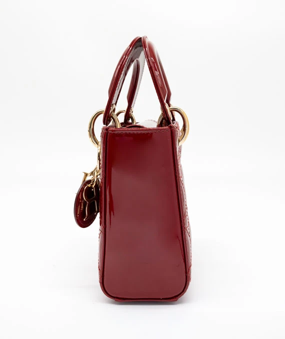 Christian Dior Cherry Red Color Mini Lady Dior Patent Cannage Calfskin Bag
