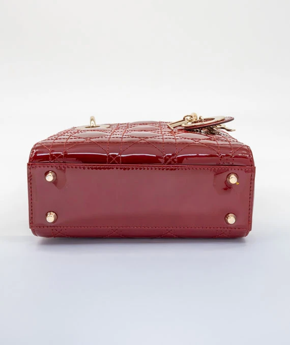 Christian Dior Cherry Red Color Mini Lady Dior Patent Cannage Calfskin Bag