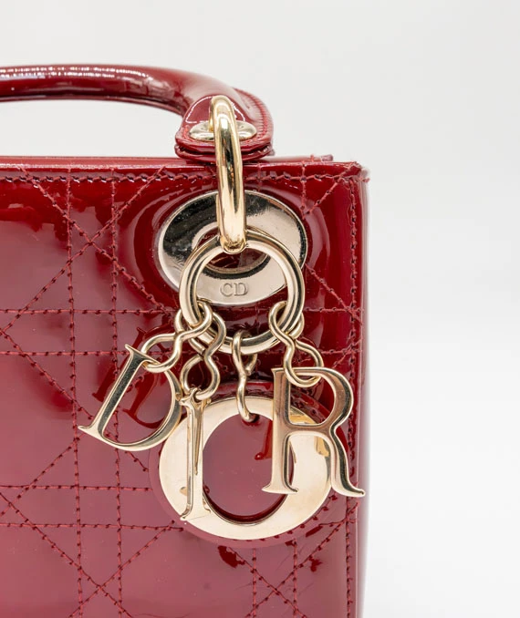 Christian Dior Cherry Red Color Mini Lady Dior Patent Cannage Calfskin Bag