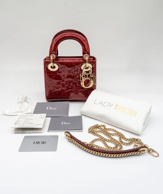 Christian Dior Cherry Red Color Mini Lady Dior Patent Cannage Calfskin Bag