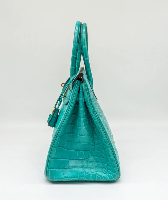 Hermes 2016 Birkin (Stamp X) Size 30 Crocodile Leather handbag in Blue Paon Color with Gold Hardware