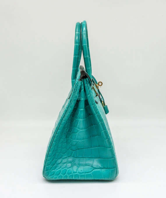 Hermes 2016 Birkin (Stamp X) Size 30 Crocodile Leather handbag in Blue Paon Color with Gold Hardware
