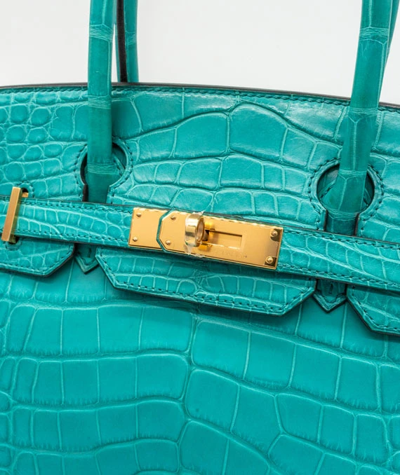 Hermes 2016 Birkin (Stamp X) Size 30 Crocodile Leather handbag in Blue Paon Color with Gold Hardware