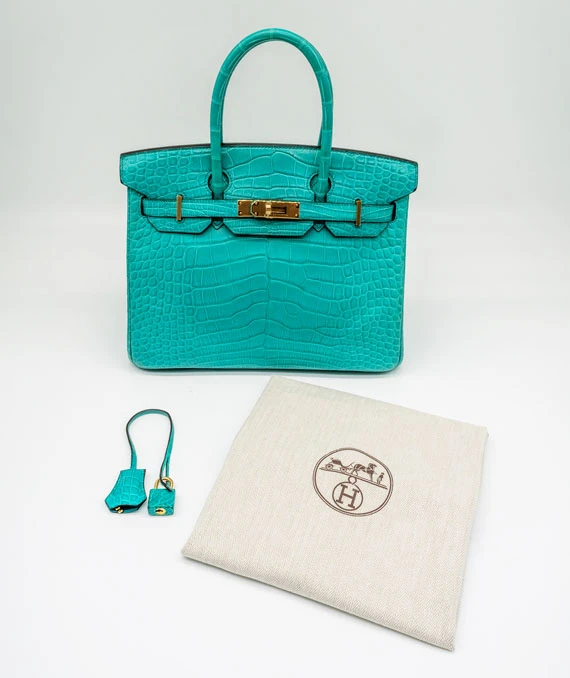 Hermes 2016 Birkin (Stamp X) Size 30 Crocodile Leather handbag in Blue Paon Color with Gold Hardware